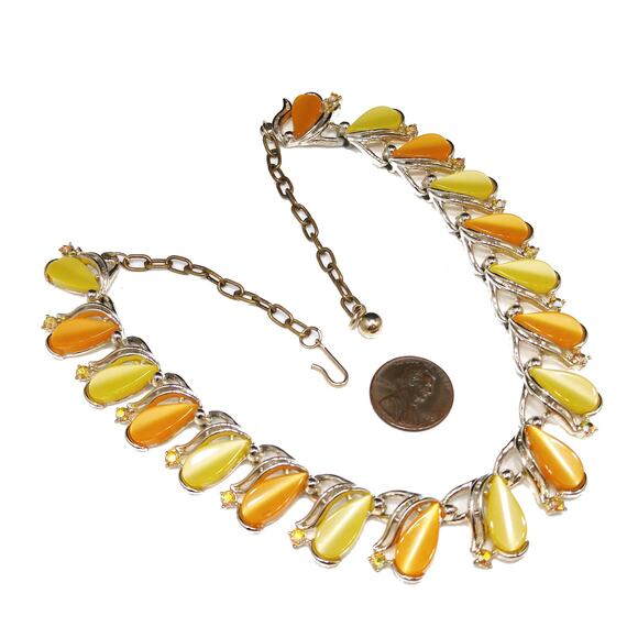 Vintage 1950s Yellow Orange Lucite Necklace, AB Rhinestones, Signed ART - Picture 5 of 10
